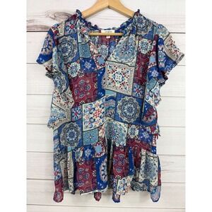 Umgee Women's Blue Red Floral Patchwork Ruffle Short Sleeve Sheer Peplum Top S‎